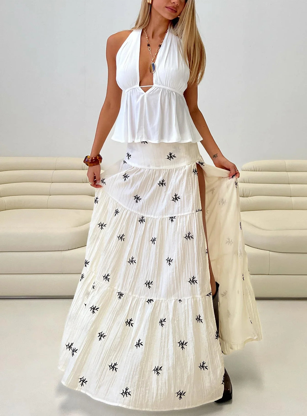 Cinnamon Embroidered Maxi Skirt Cream Navy