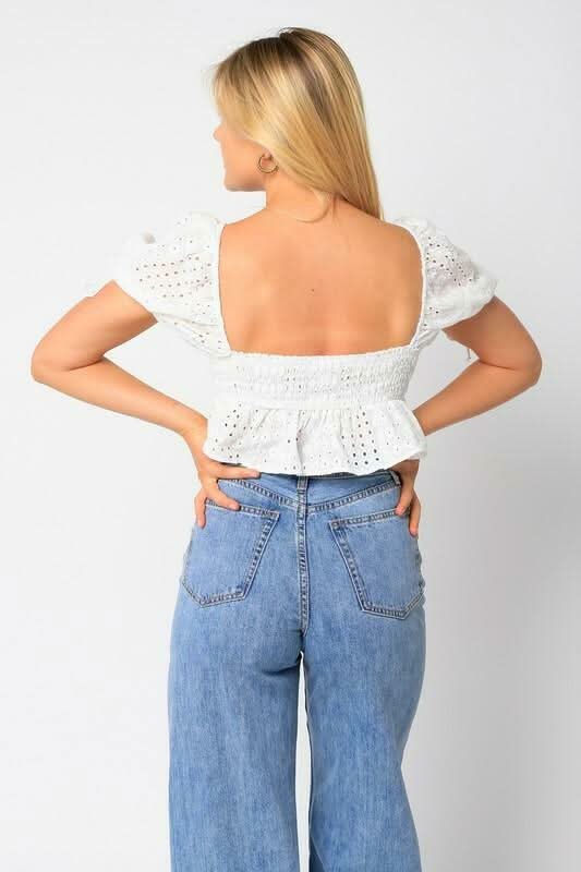 Sweet Blooms White Eyelet Short Sleeve Babydoll Crop Top