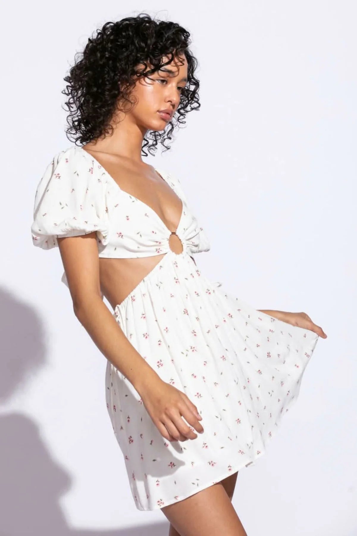 Valerie Ivory Floral Print Puff Sleeve Cutout Mini Dress