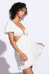 Valerie Ivory Floral Print Puff Sleeve Cutout Mini Dress