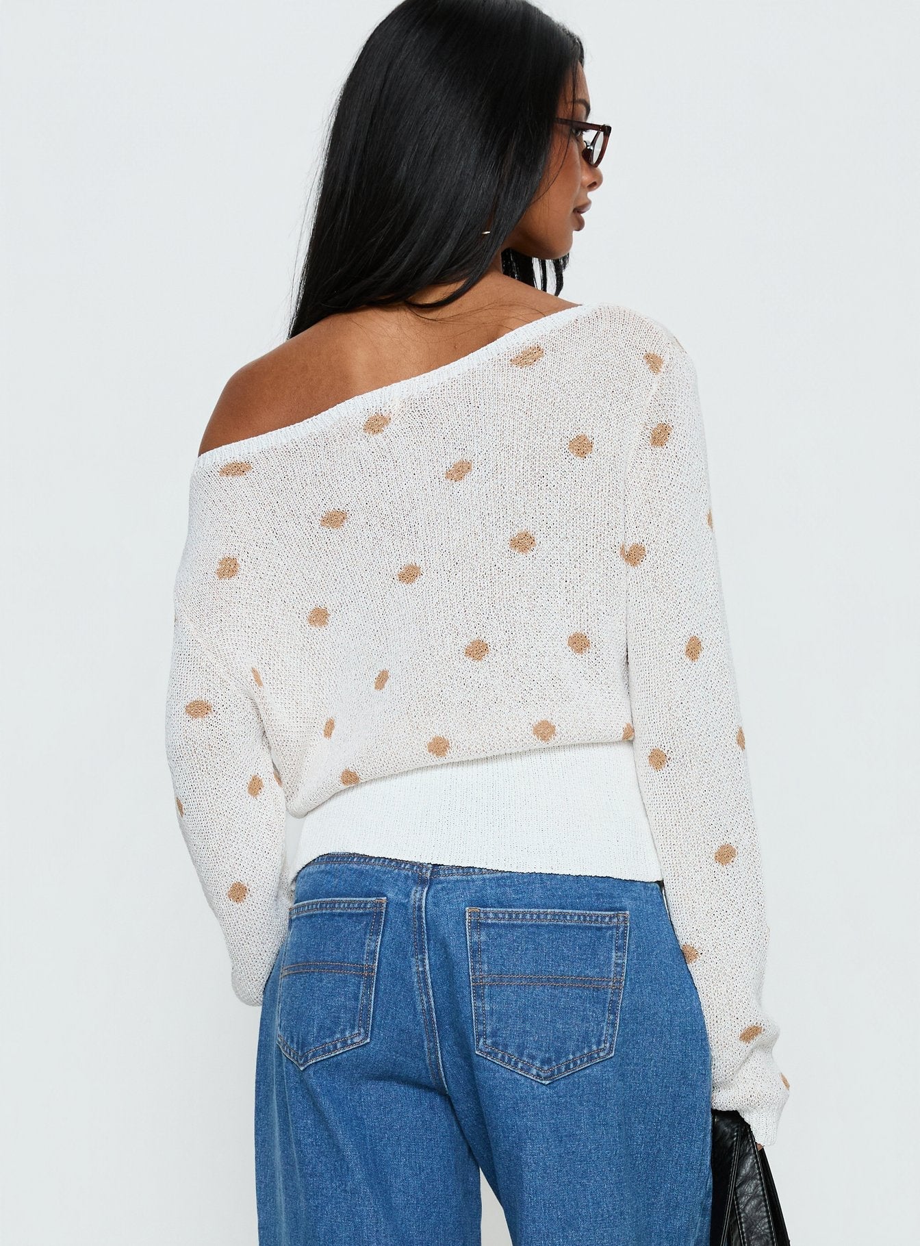 Harvy Off Shoulder Knit Sweater White Polka