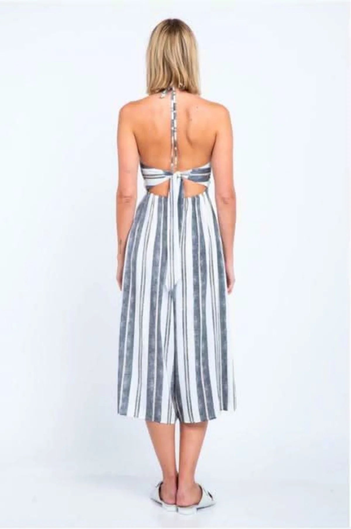 Mia White and Black Striped Print Cutout Culotte Jumpsuit