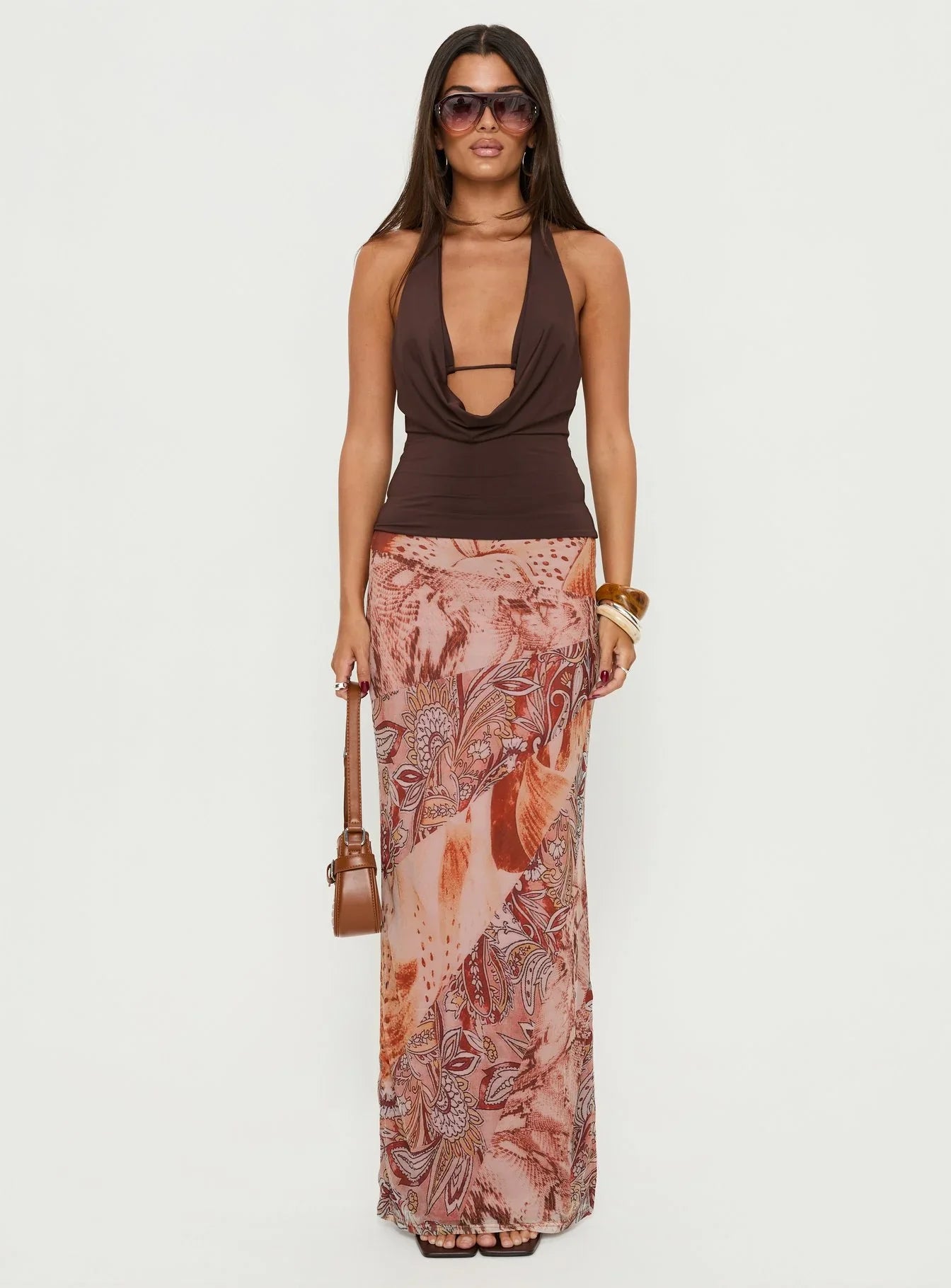 Xylia Plunge Neck Tie Back Top Chocolate