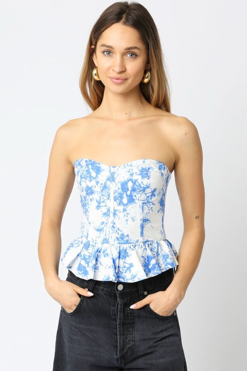 Sutton White and Blue Floral Bustier Top