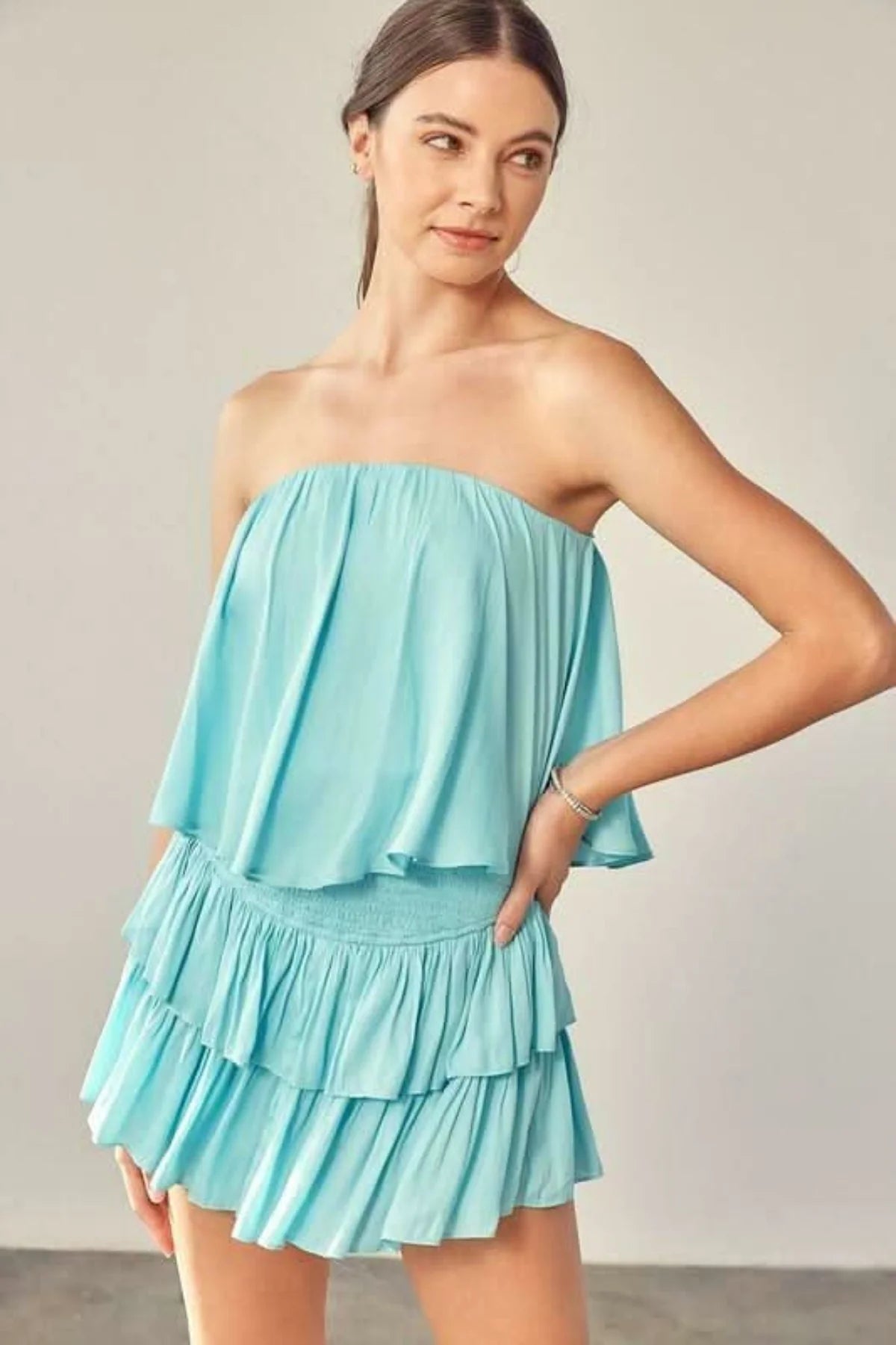 Monaco Milky Blue Strapless Ruffle Romper
