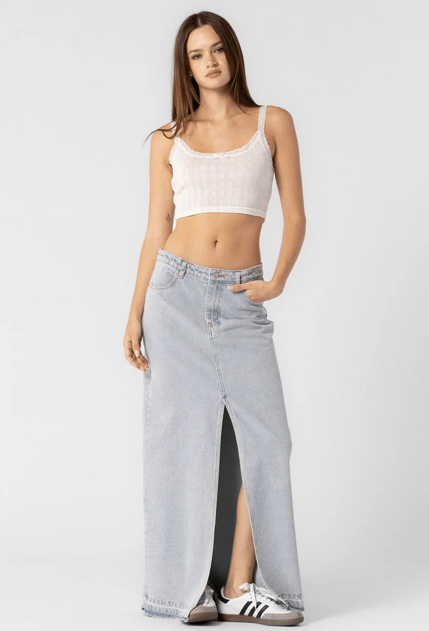 Wildest Cowgirl Low Waisted Denim Maxi Skirt