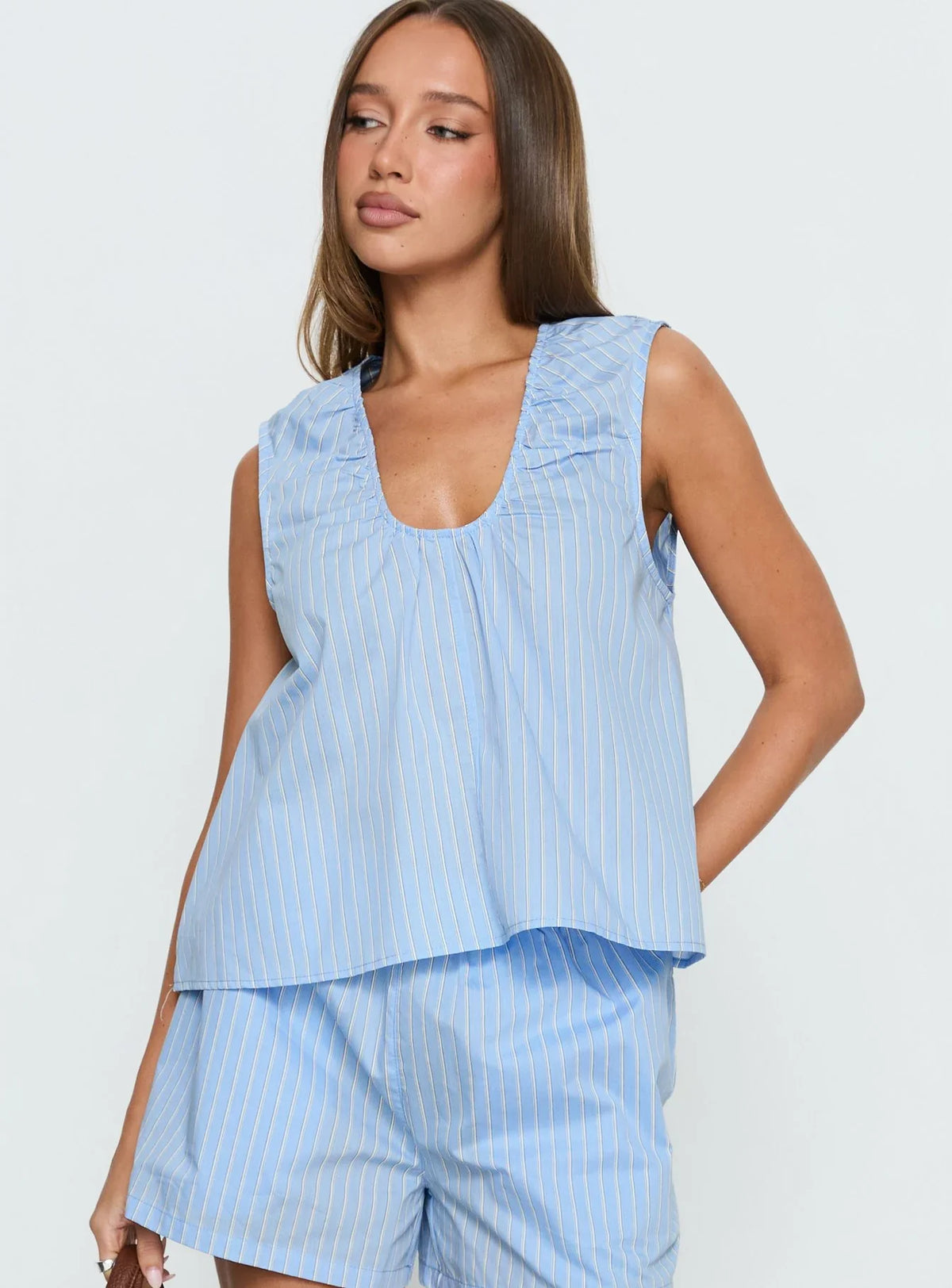 Carambola Ruched Sleeveless Top Blue