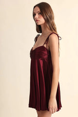 Serena Burgundy Satin Babydoll Mini Dress