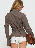 Xinia Tie Waist Long Sleeve Shirt Brown Check
