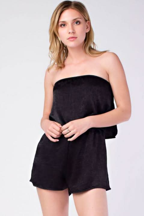 Selina Black Satin Strapless Romper