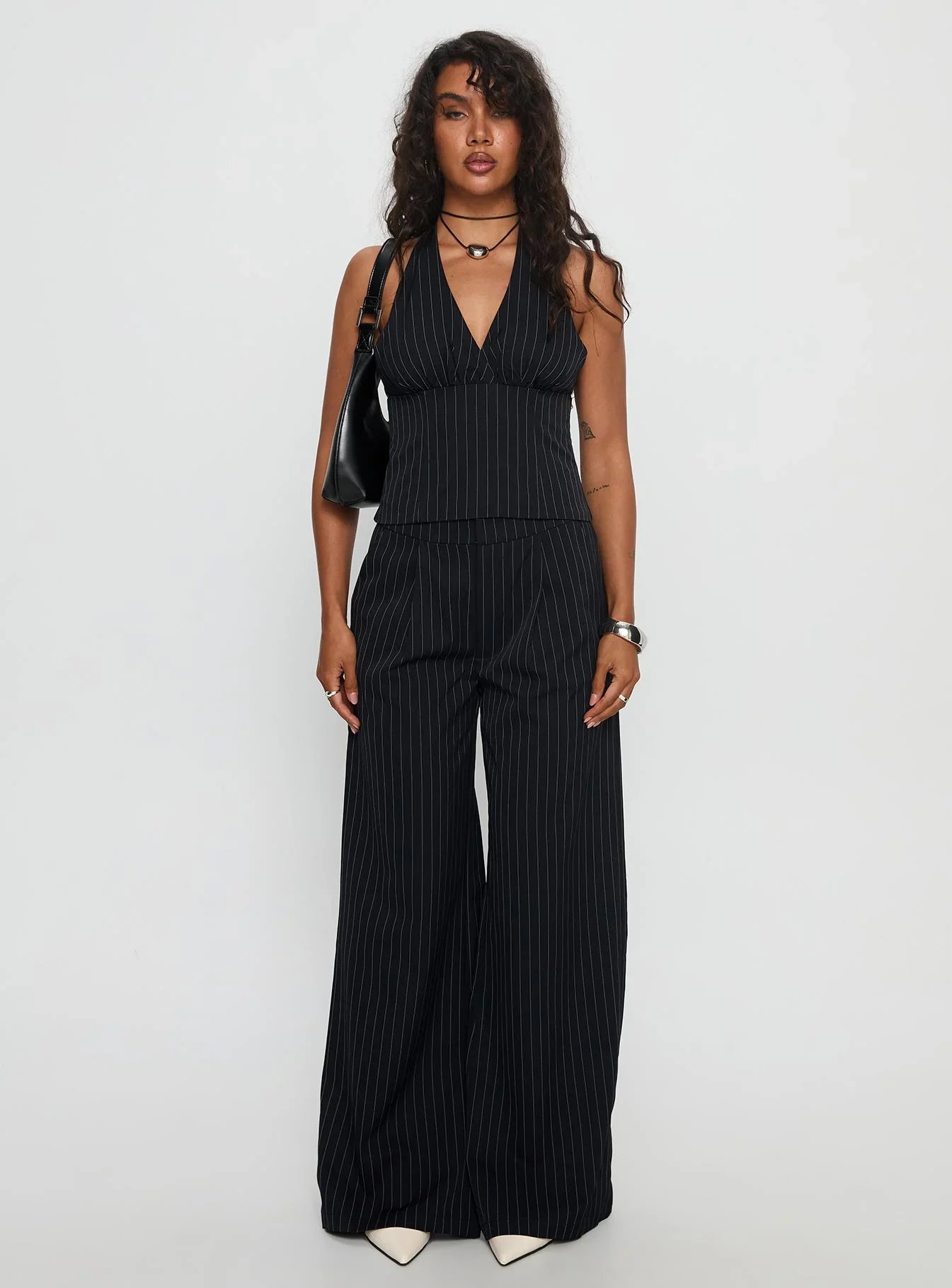 All She Wrote Halter Tailored Set Navy Stripe