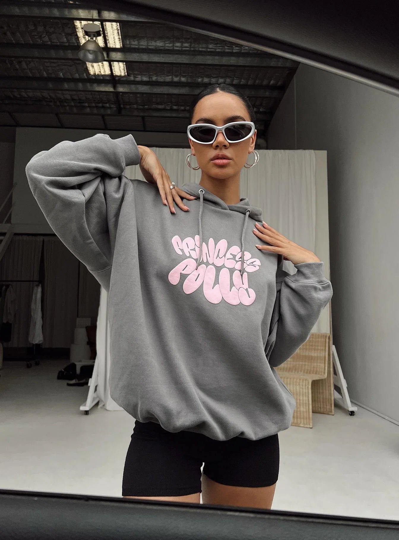 Princess Polly Hooded Sweatshirt Bubble Text Charcoal Light Pink