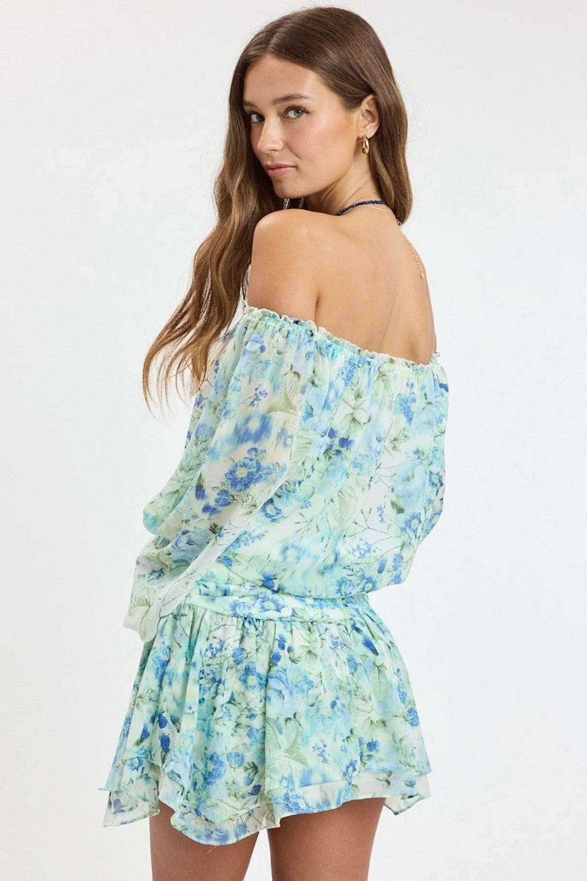 Pixie Blue Watercolor Floral Off The Shoulder Romper Dress