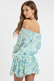 Pixie Blue Watercolor Floral Off The Shoulder Romper Dress