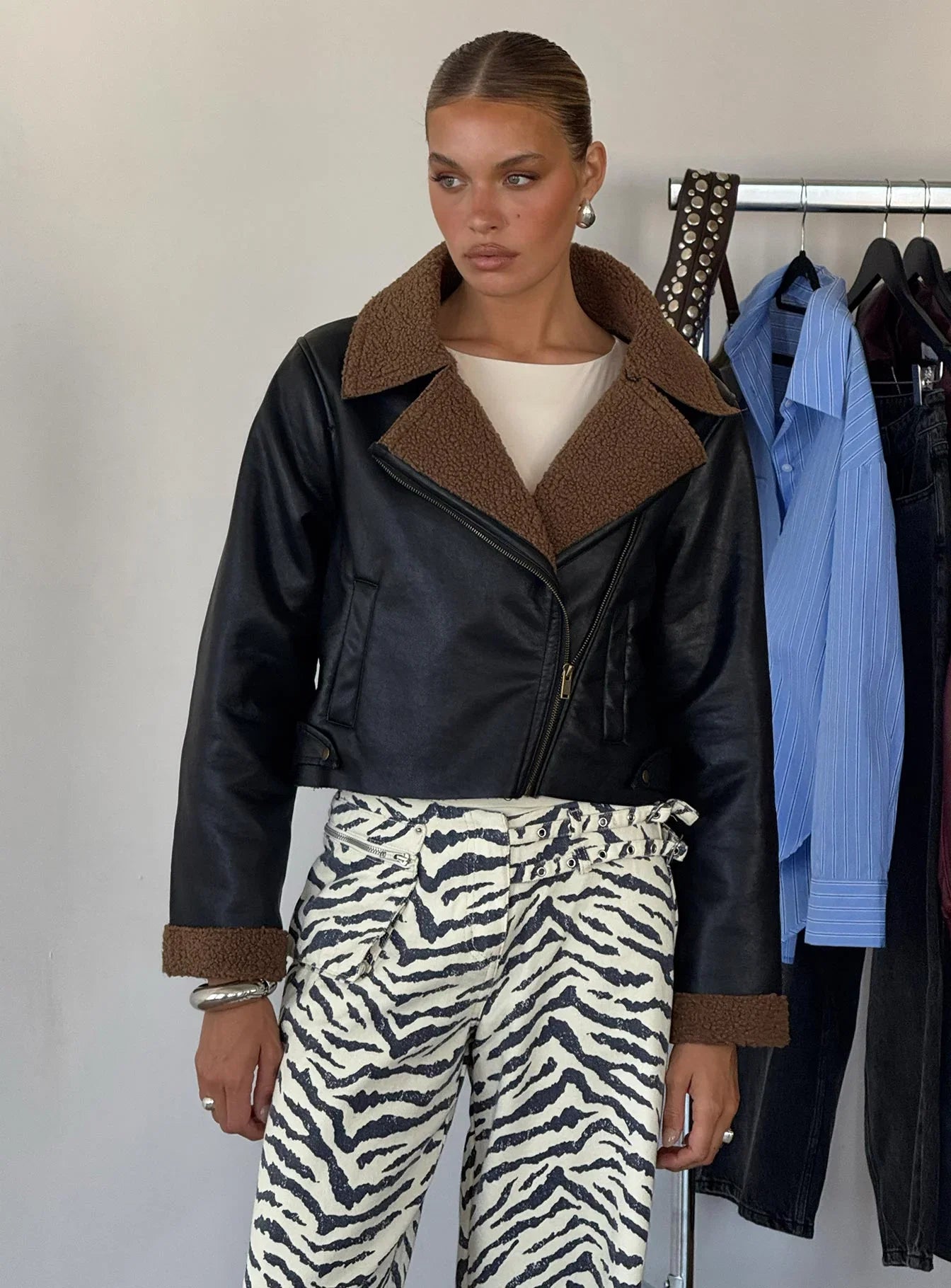 Shearling Trim Faux Leather Jacket Black