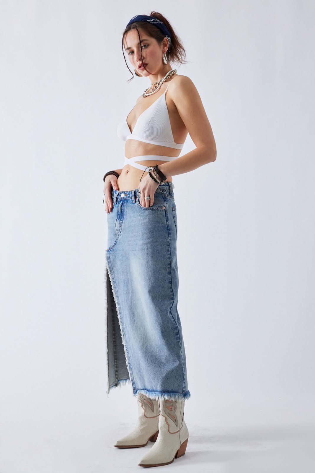 Arden Medium Wash Denim Midi Skirt
