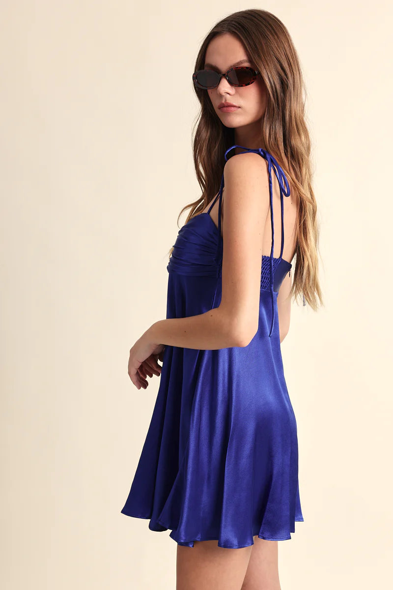 Serena Blue Satin Babydoll Mini Dress