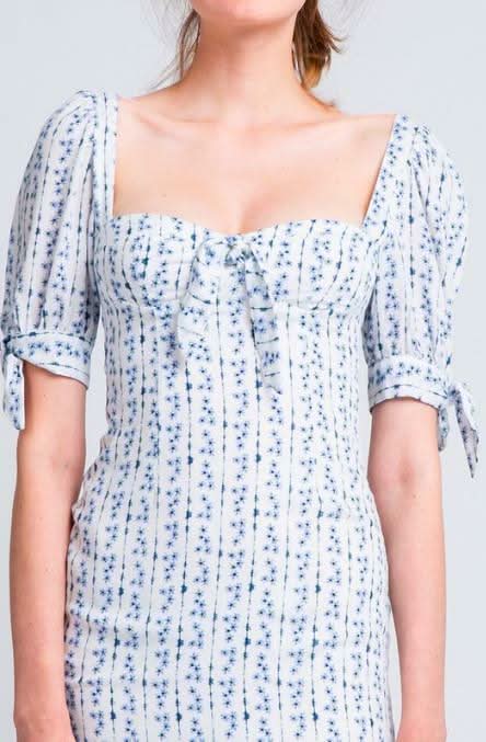 Tory White and Blue Floral Print Puff Sleeve Mini Dress