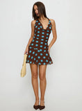 Karolie Halter Plunge Mini Dress Brown Blue Polka Dot