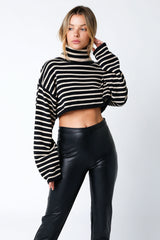 Marla Black Natural Striped Cropped Turtleneck Sweater