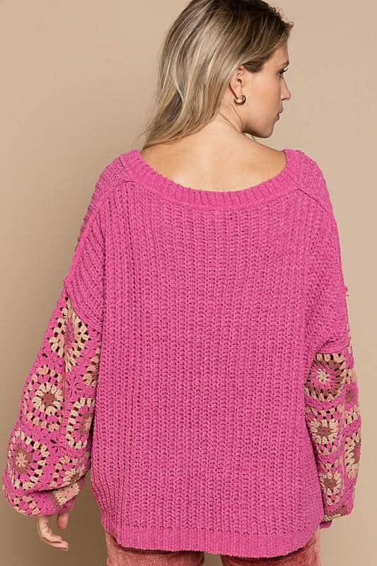 Marsha Pink Crochet Sleeve Sweater
