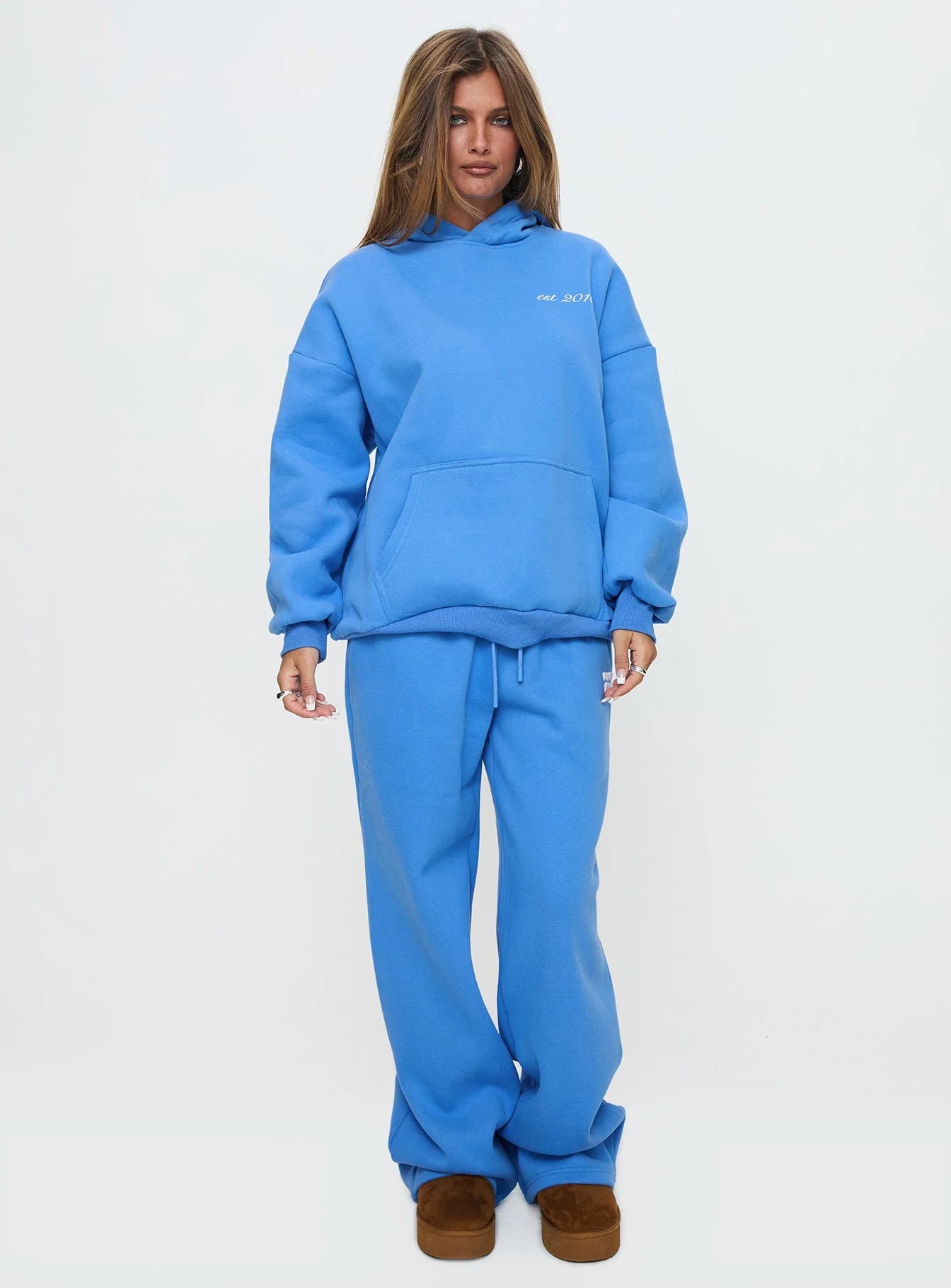Princess Polly Hooded Sweatshirt Bubble Text Blue White