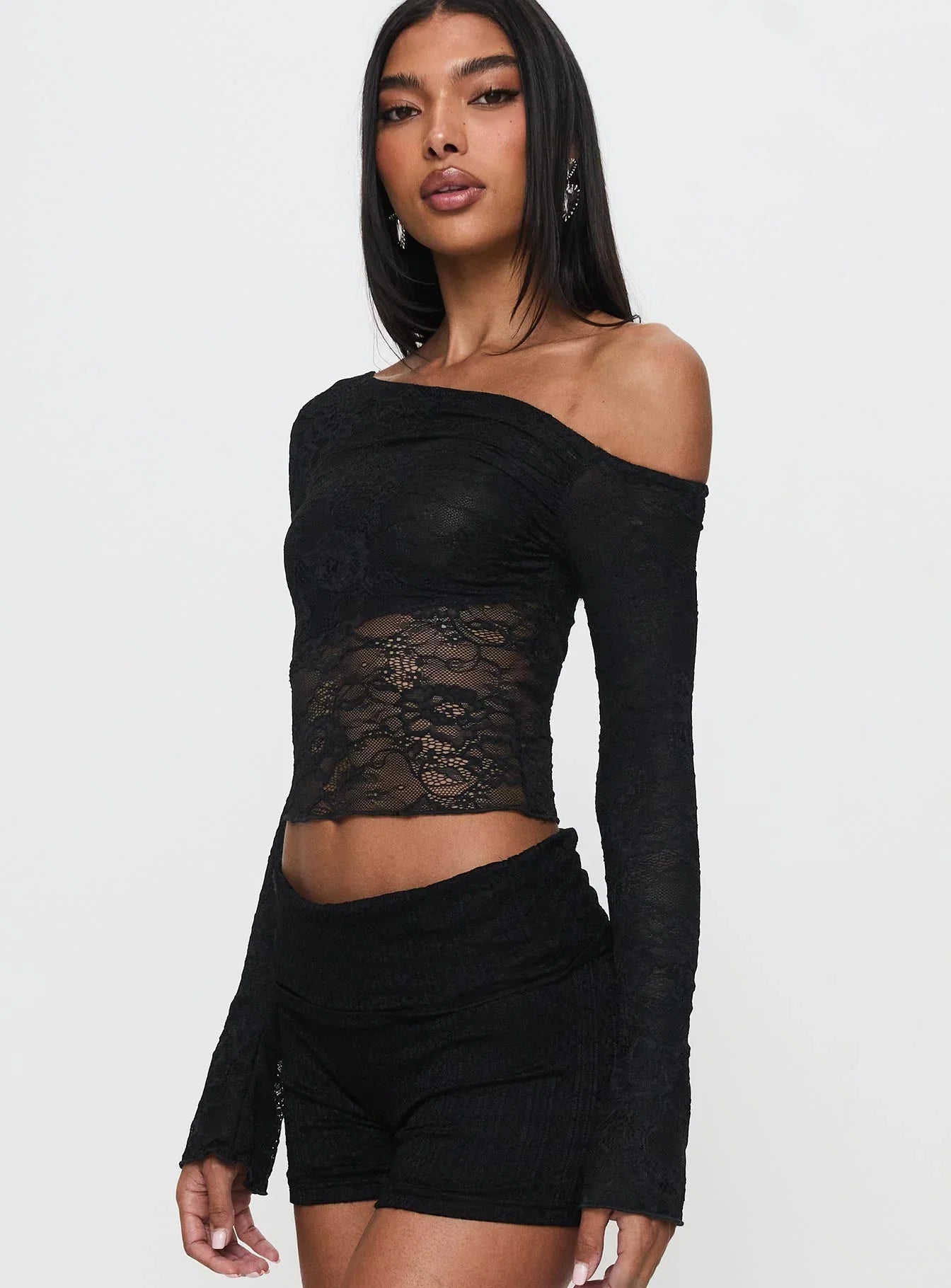 Tiberius Lace Asymmetrical Long Sleeve Top Black