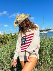 Land of Free Beige Oversized American Flag Sweater