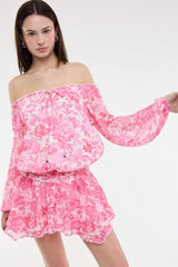 Pixie Pink Floral Off The Shoulder Romper Dress