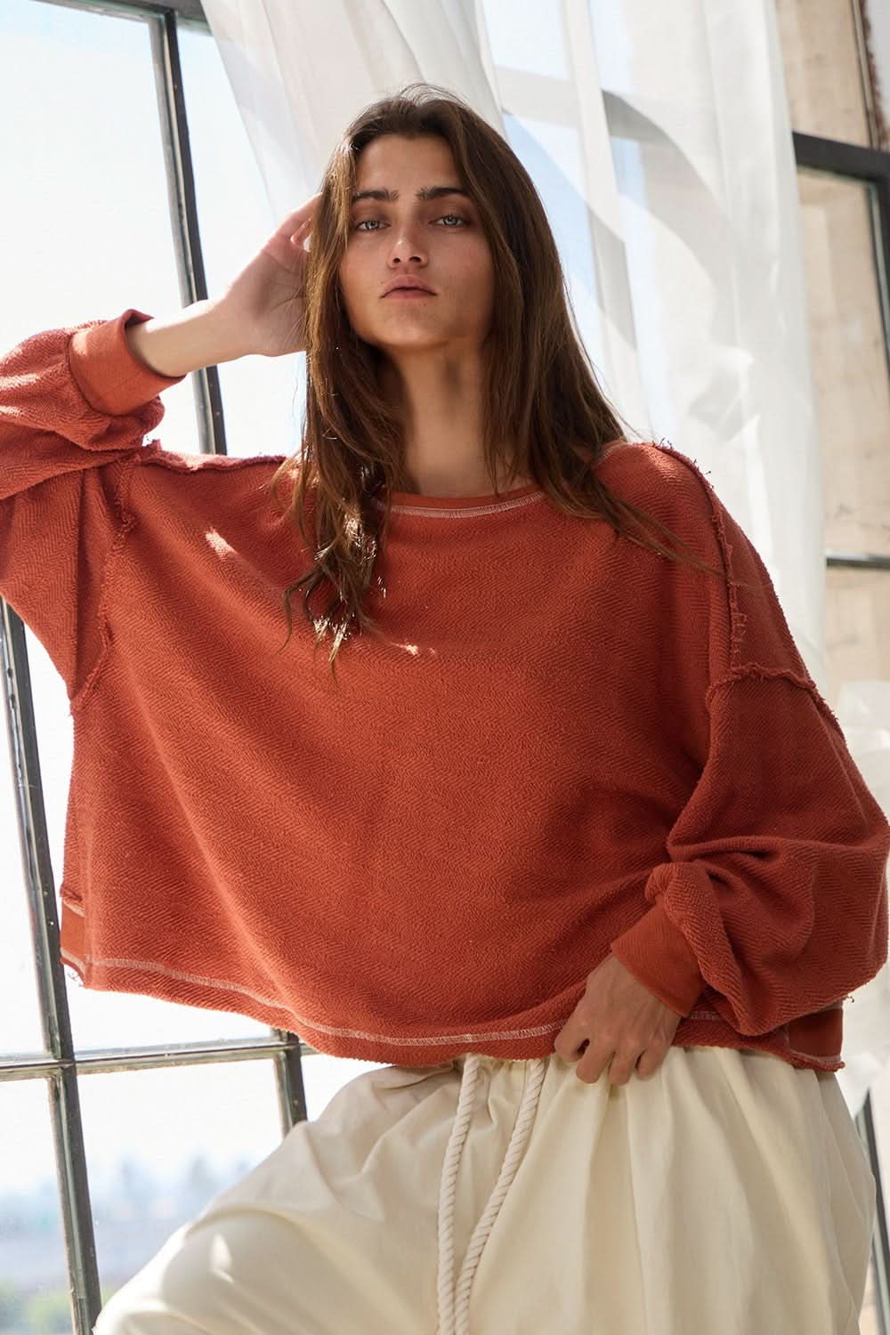 Libby Rust Open Back Long Sleeve Top