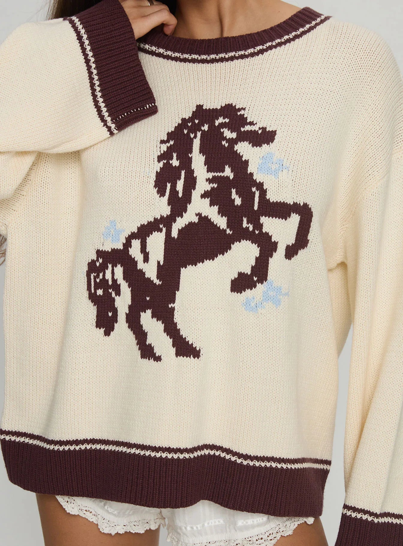 Rhianonn Horse Graphic Knit Sweater Cream Brown