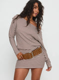 Caia Off Shoulder Long Sleeve Jersey Mini Dress Chocolate Stripe