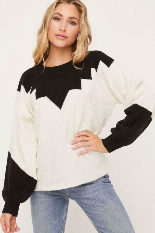Just In Time Ivory and Black Colorblock Crew Neck Sweater