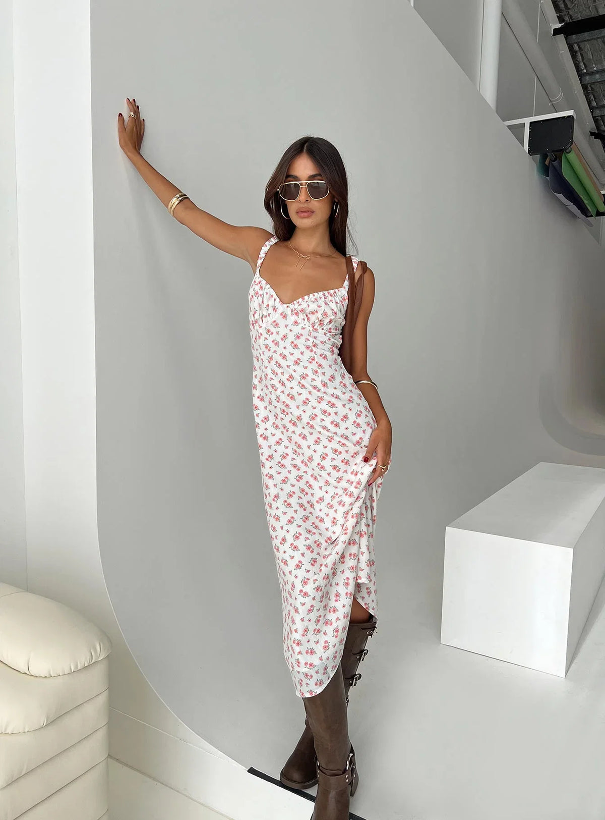 Georgia Midi Dress White Pink Floral
