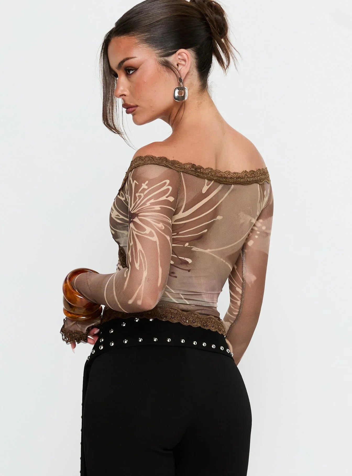 Katlyne Long Sleeve Lace Trim Top Brown Floral