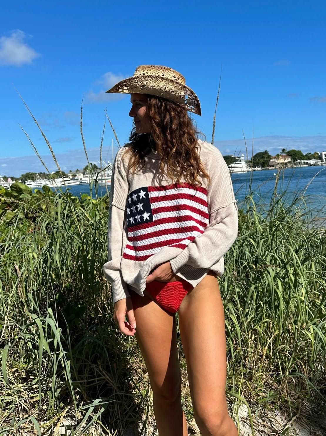 Land of Free Beige Oversized American Flag Sweater