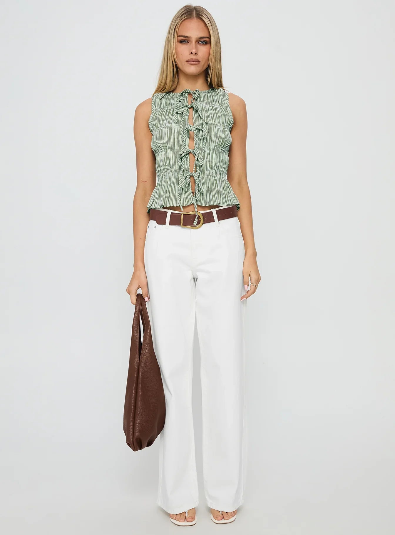 Apero Shirred Tie Front Top Green White Stripe