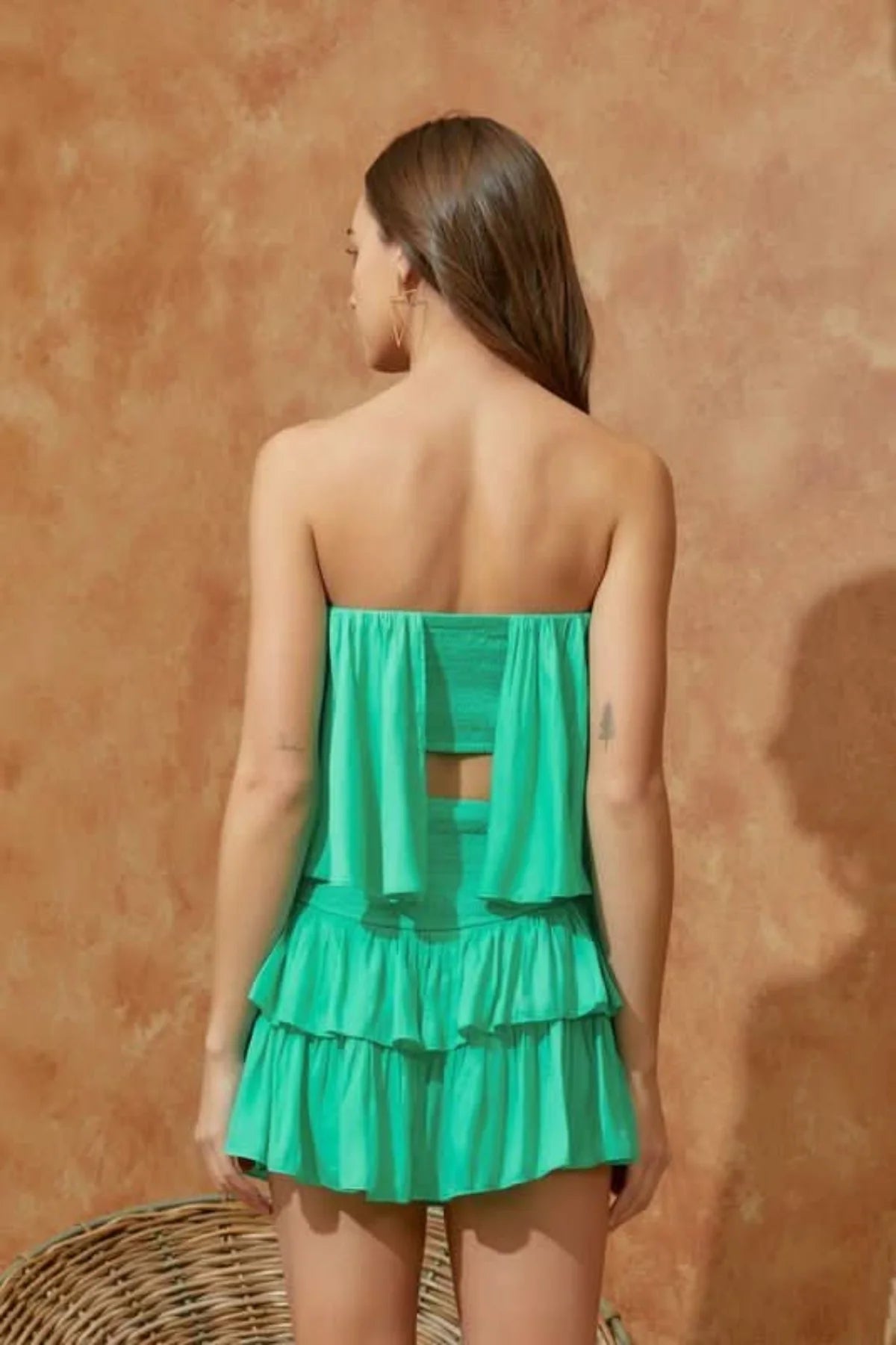 Monaco Aqua Green Strapless Ruffle Romper