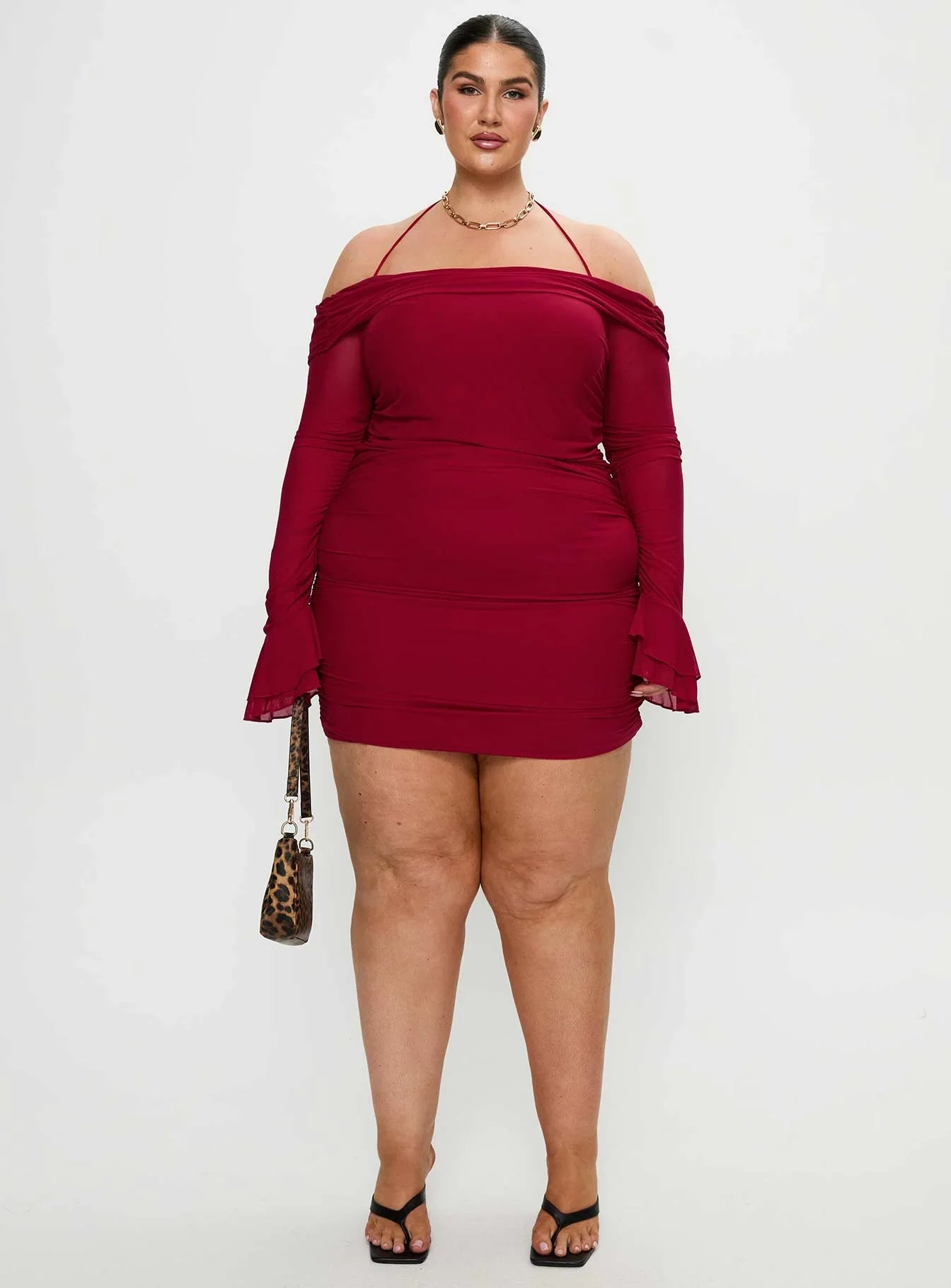 Taylon Off Shoulder Long Sleeve Mini Dress Red Curve