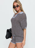 Serenique Collared Short Sleeve Knit Top Blue / Chocolate