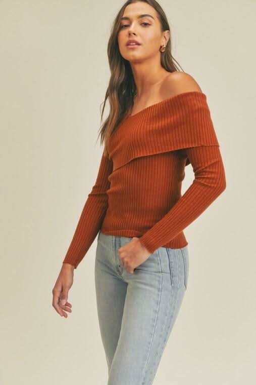 Lara Rust Ribbed Off The Shoulder Sweater Top