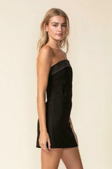See You There Black Mixed Media Strapless Mini Dress