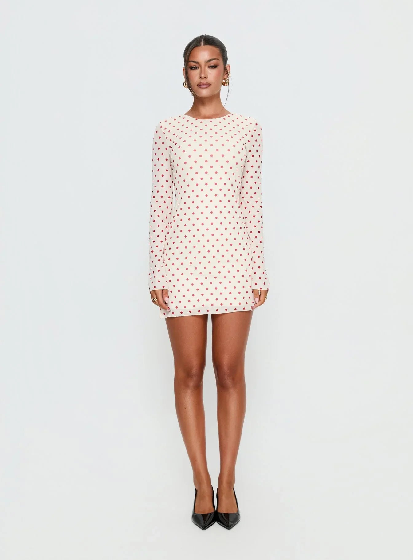 Nyxia Long Sleeve Mini Dress Cream Red Polka