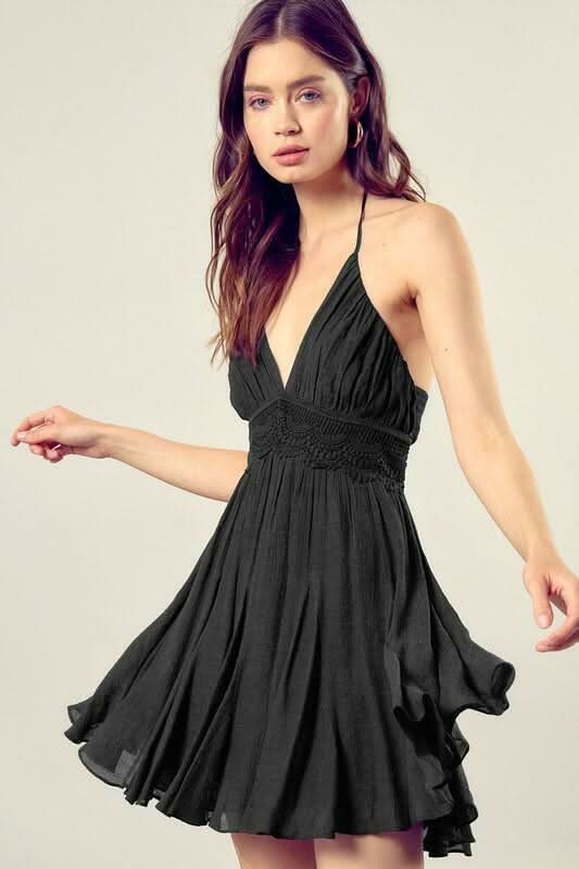 Arianna Black Lace Halter Mini Dress