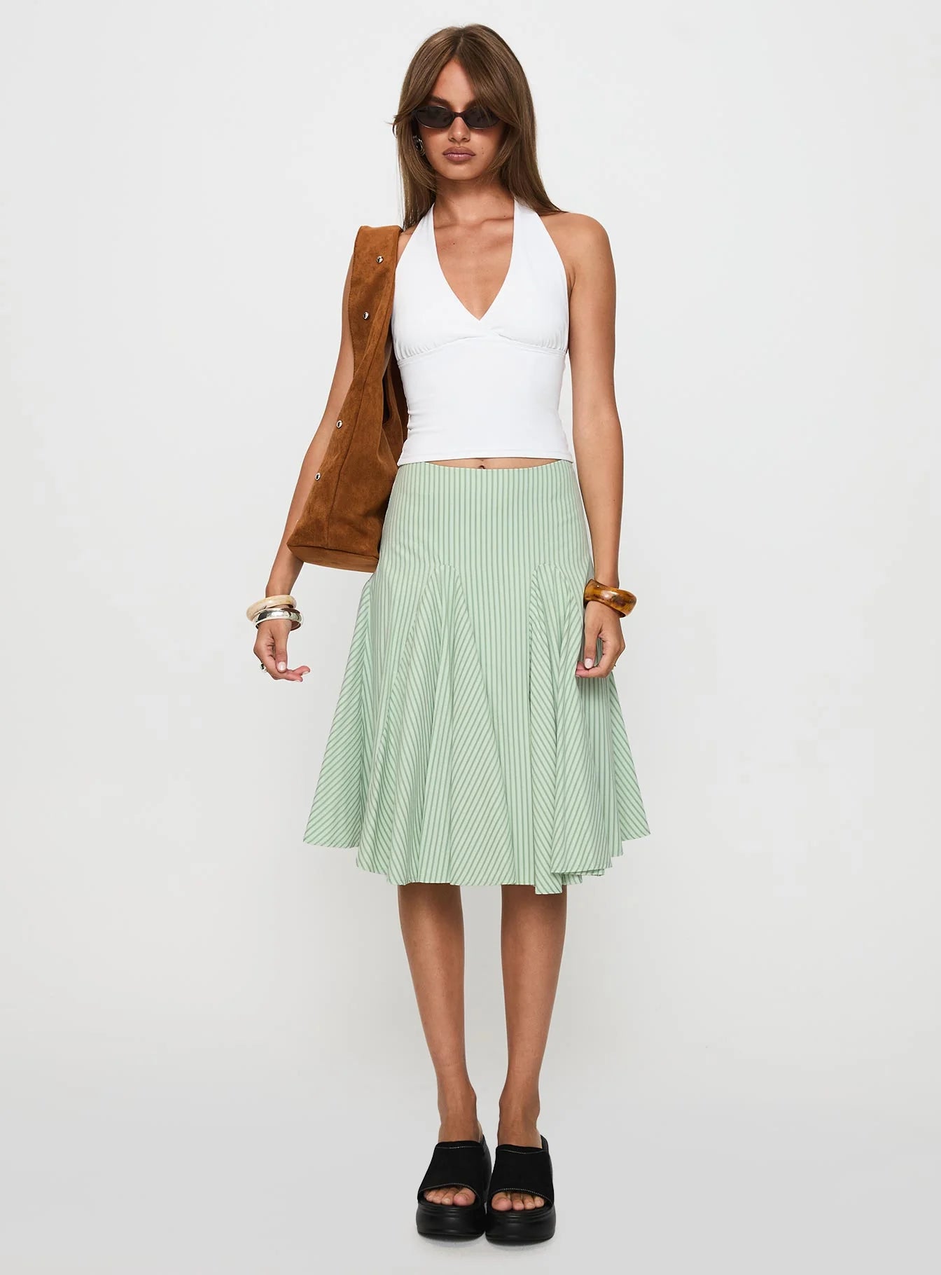 Evangaleine Pleat Midi Skirt Green White