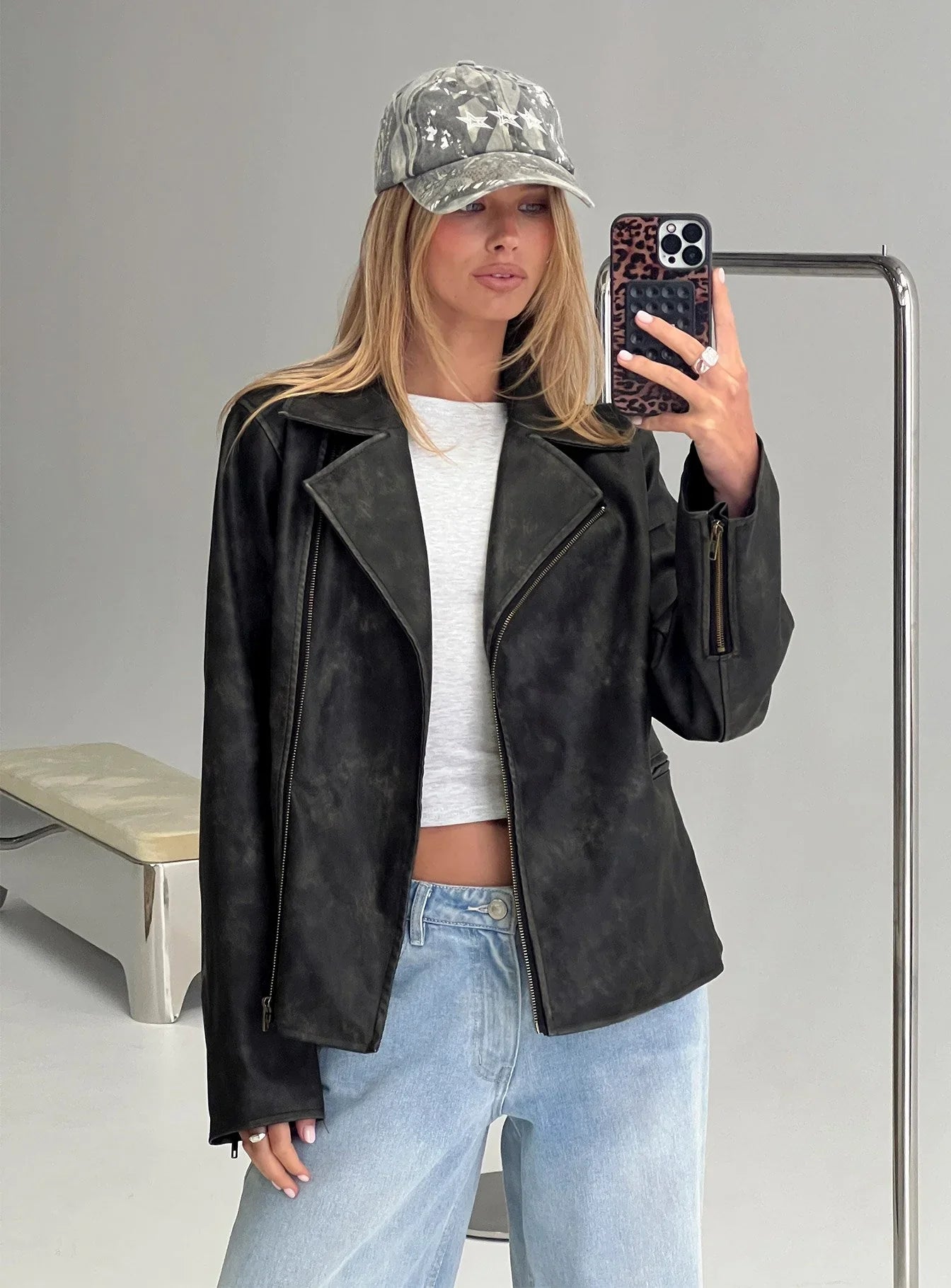 Vyolette Faux Leather Collared Jacket Washed Black