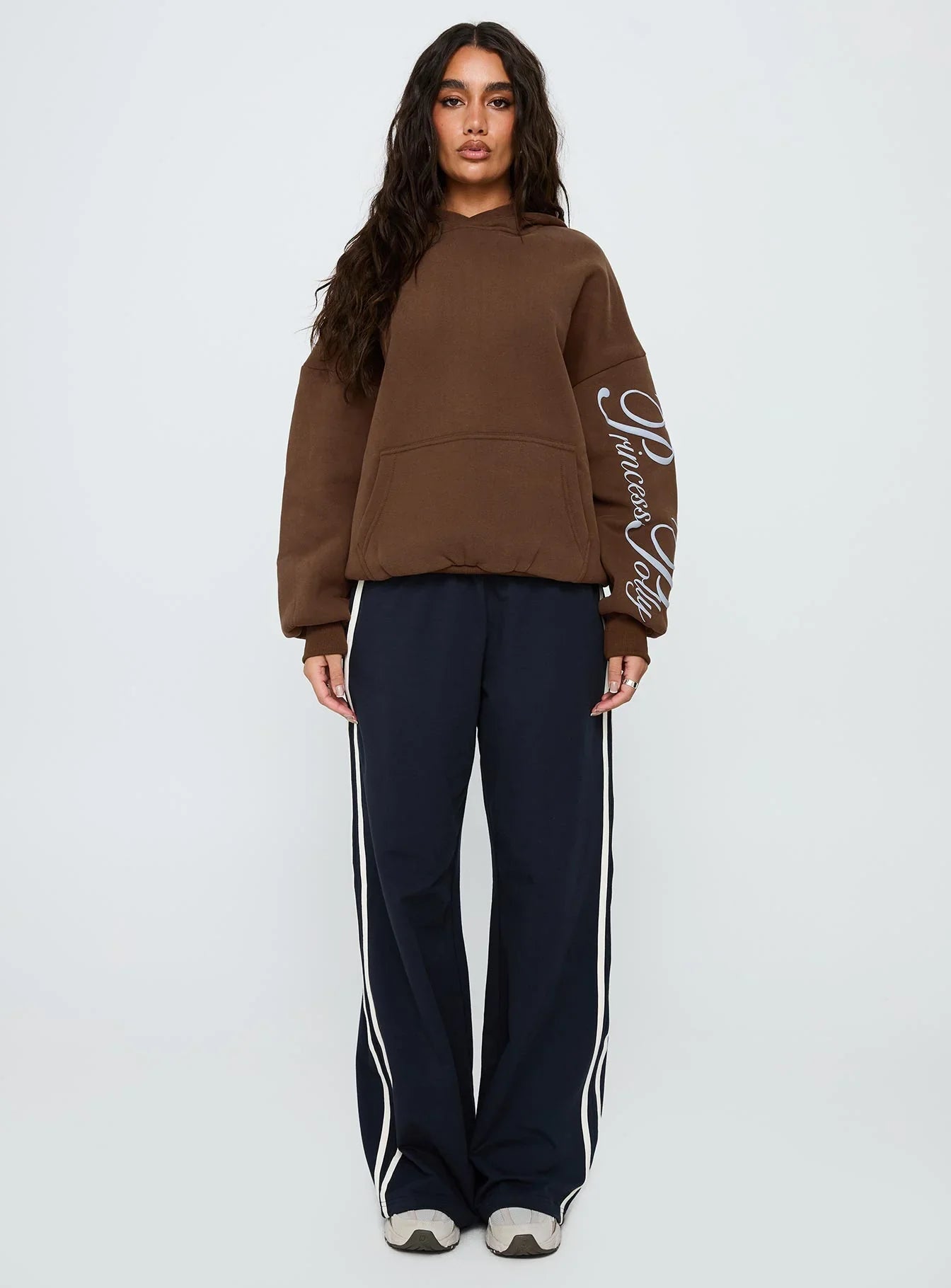 Princess Polly Script Text Graphic Hoodie Brown Blue