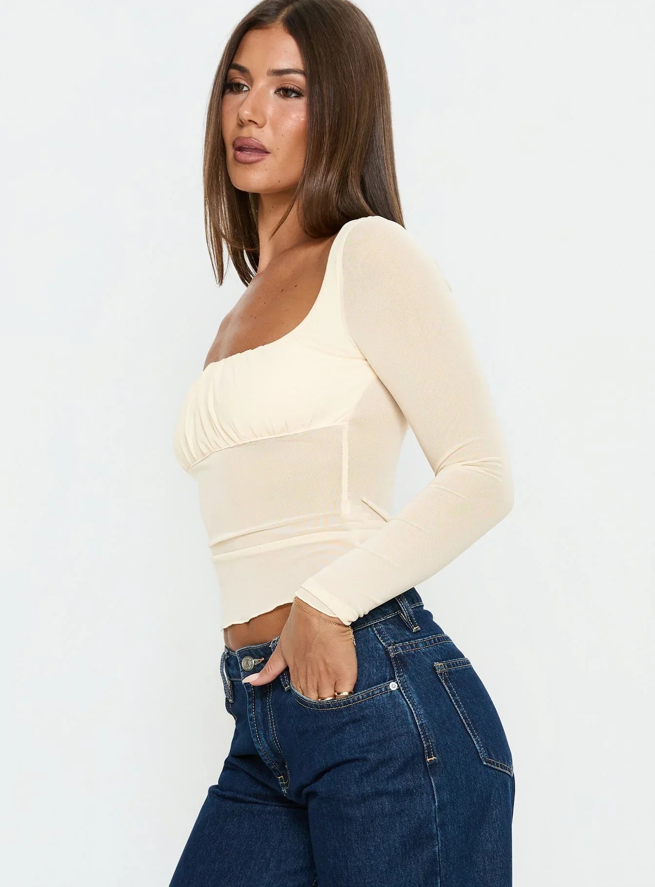 Victoire Long Sleeve Mesh Top Beige