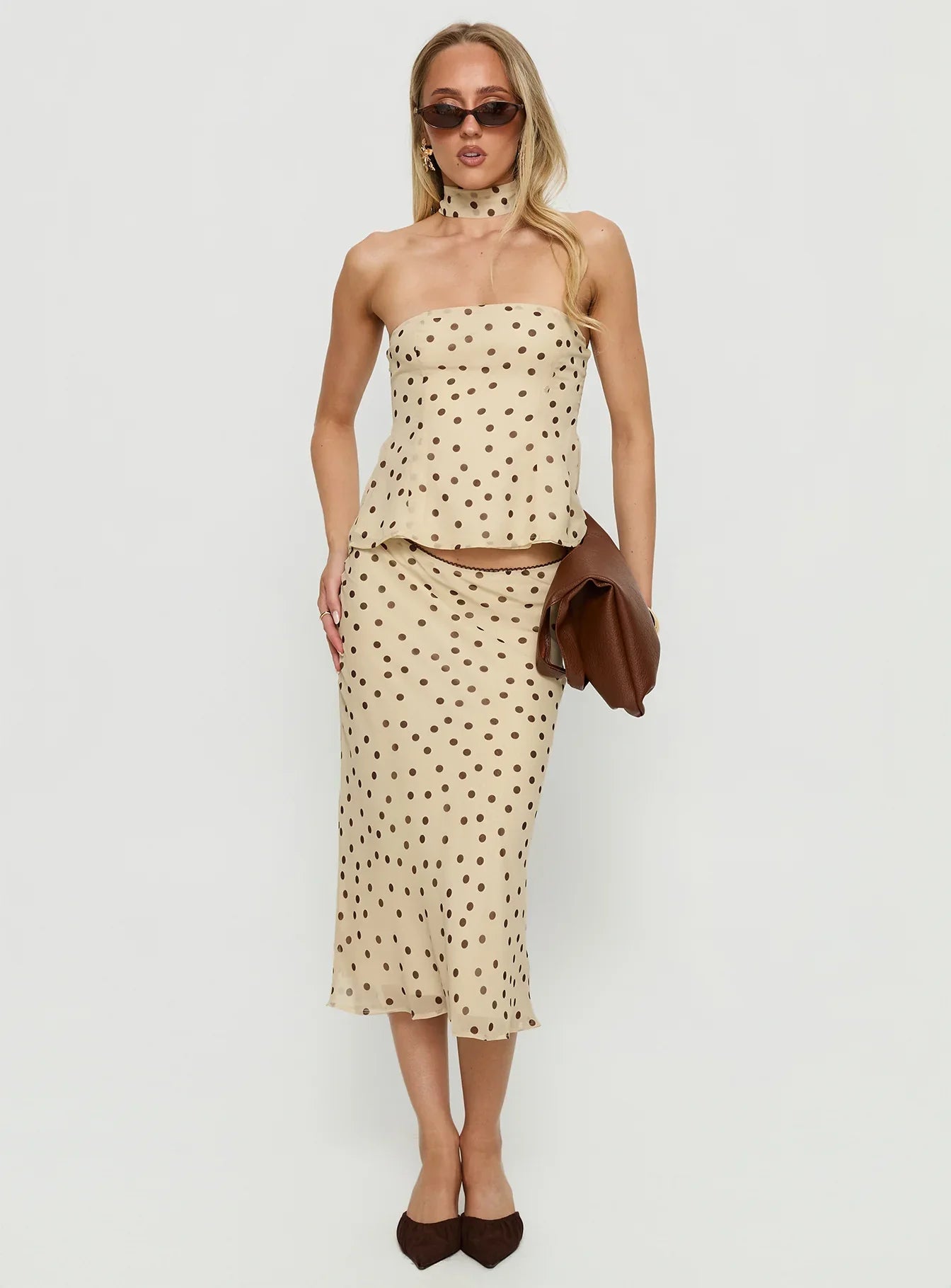 Sydni Midi Bias Cut Skirt Yellow Chocolate Polka
