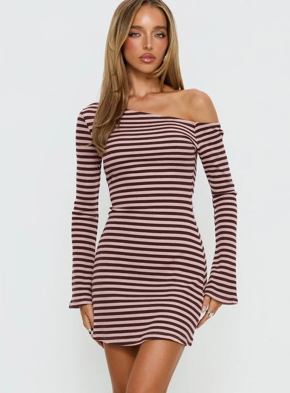 Adrietta Long Sleeve Off Shoulder Mini Dress Chocolate Pink Stripe